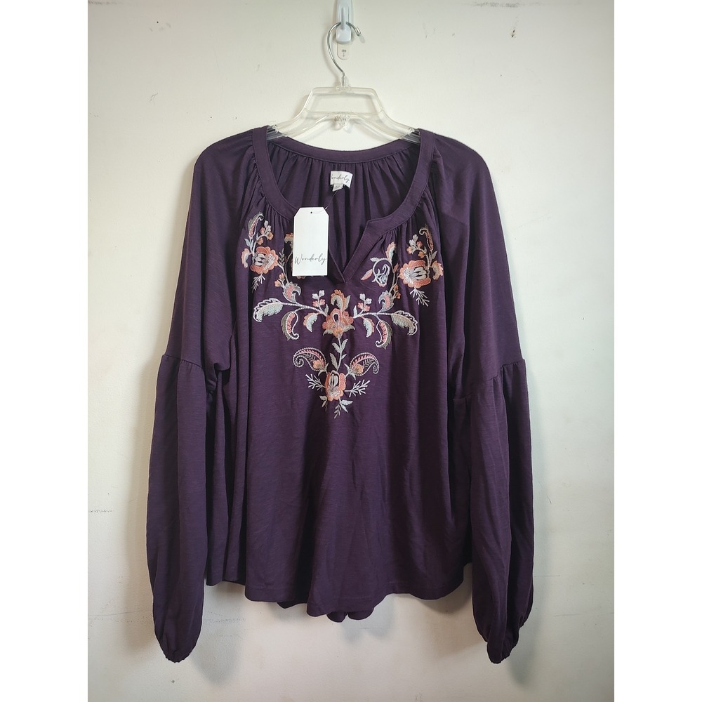Wonderly Women XXL Purple Embroidered Floral Balloon Sleeve Peasant Top NWT